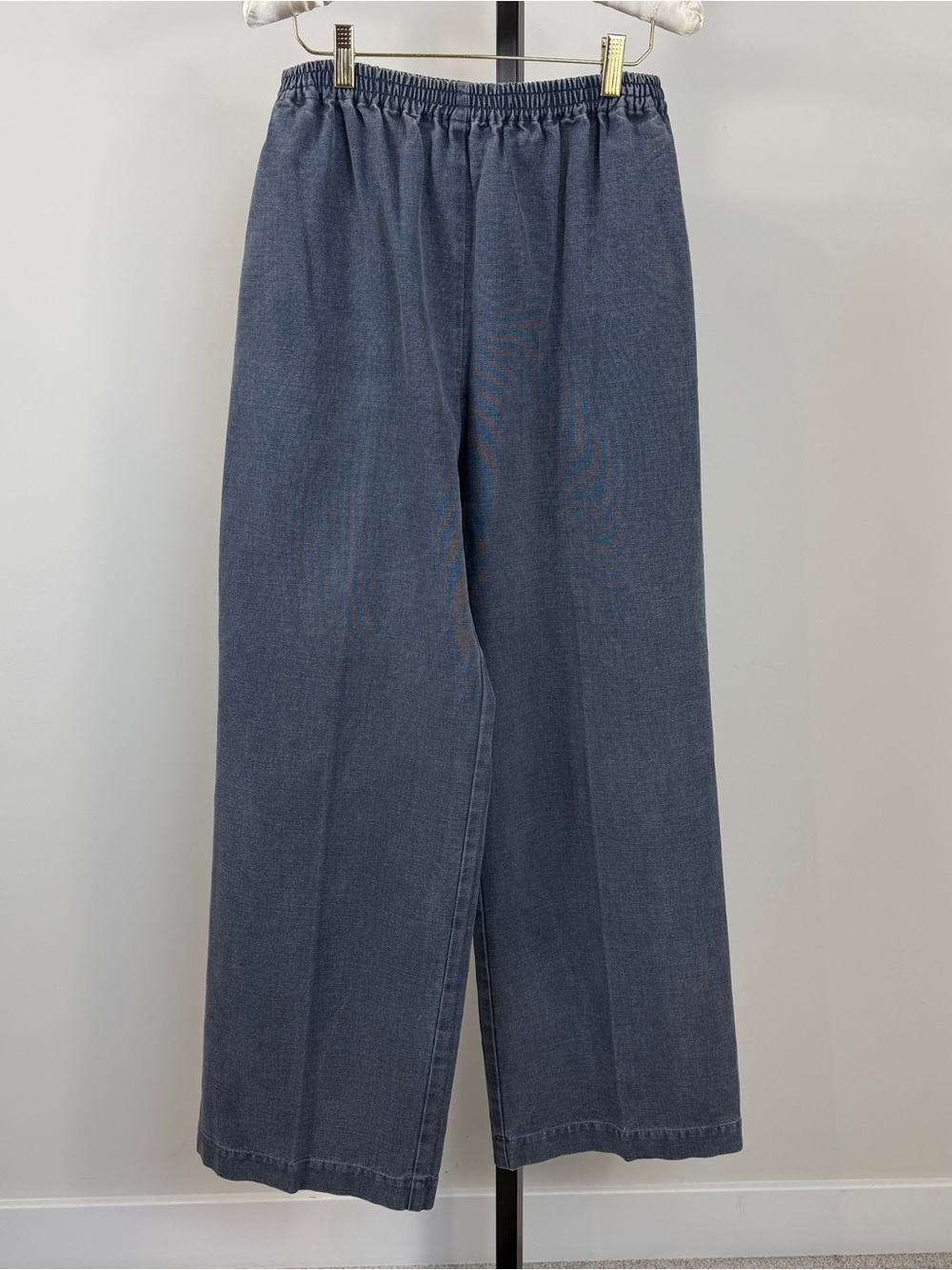 ESKANDAR Cotton Elastic Waist Pull-On High Rise Wide Leg Blue Denim Trousers 1